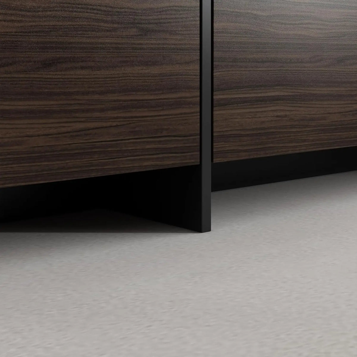 Modern TV stand with flip-down drawers — side detail view