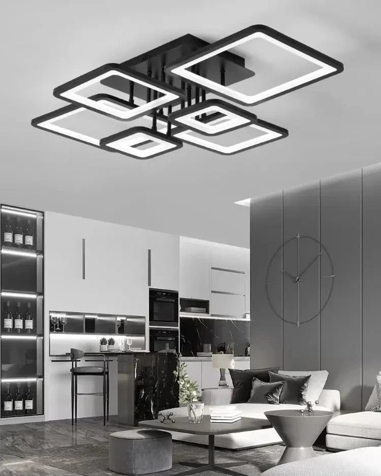 Black grid LED ceiling light — side angle detail