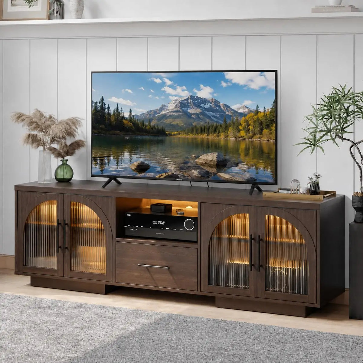 Mid-century LED TV console with built-in lighting