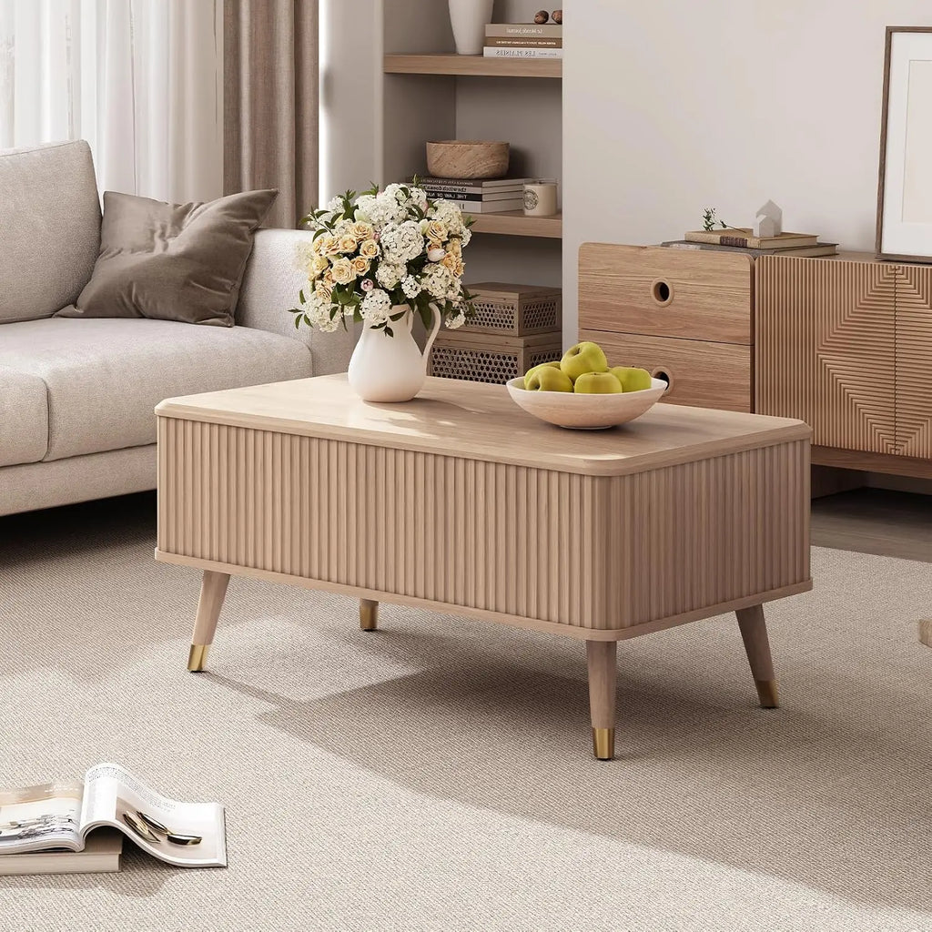 Lift-top fluted coffee table with hidden storage compartments