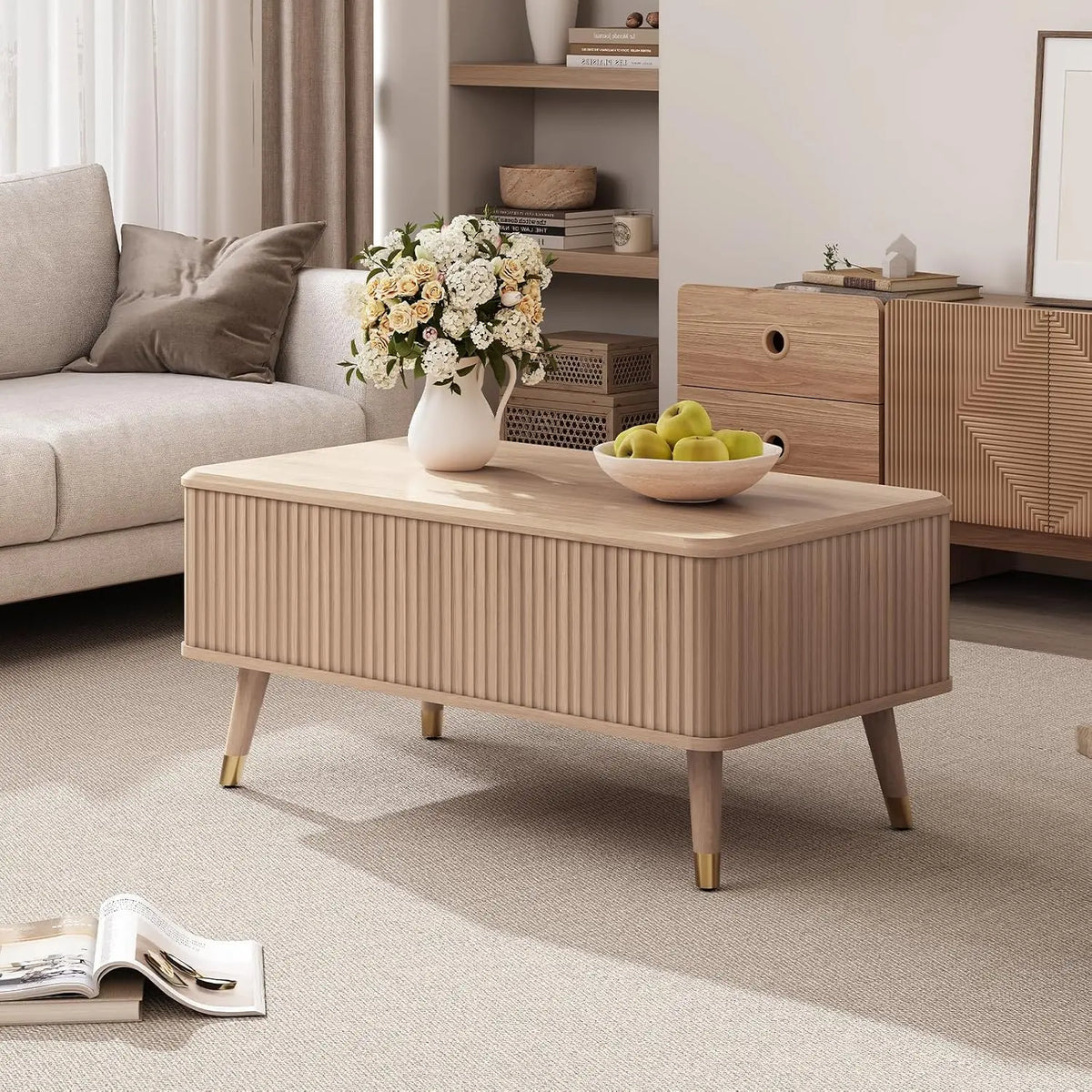 Lift-top fluted coffee table with hidden storage compartments