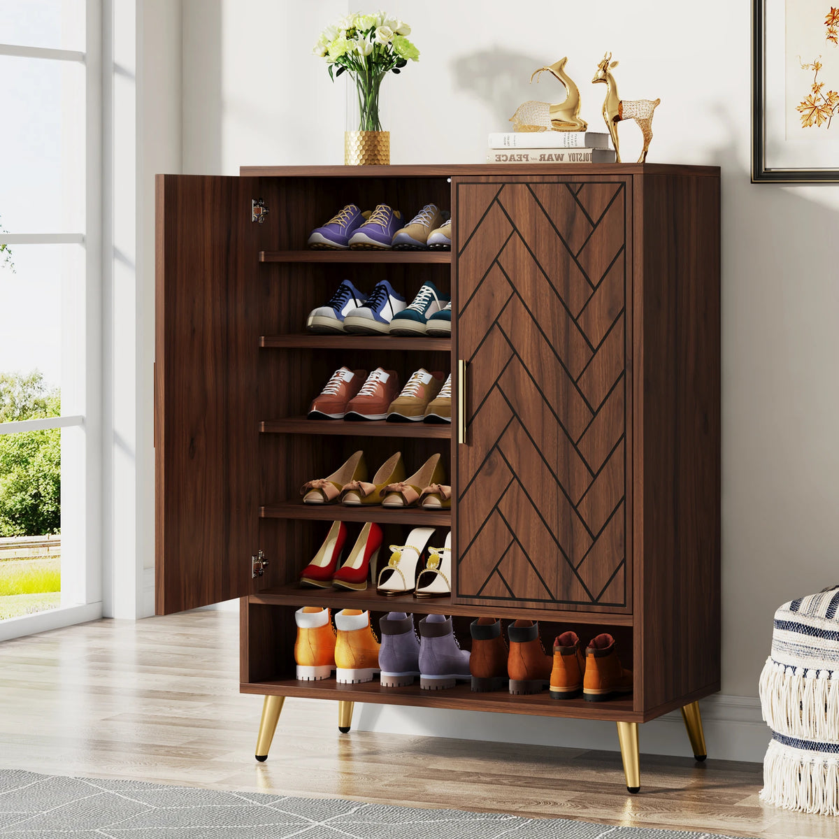 Tribesigns Walnut 6-Tier Shoe Cabinet with Doors