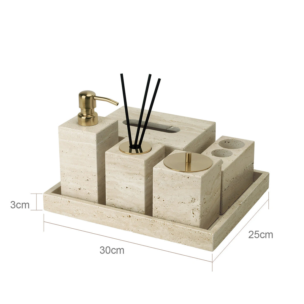 Travertine Bathroom Accessory Set — Soap, Tray & Tissue Box