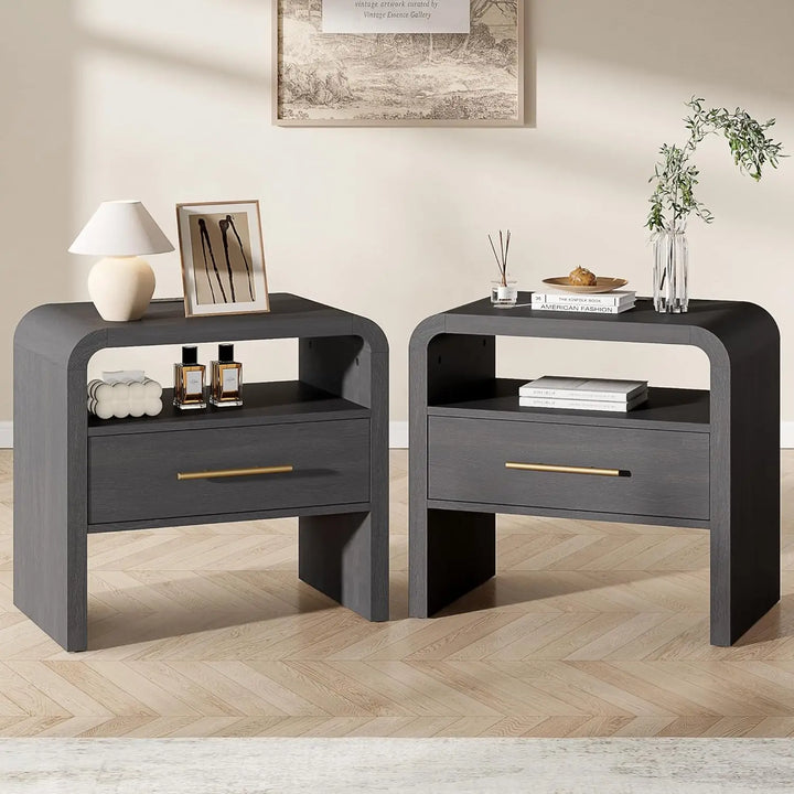 Curved Nightstand Set of 2 with Charging Station, 24"