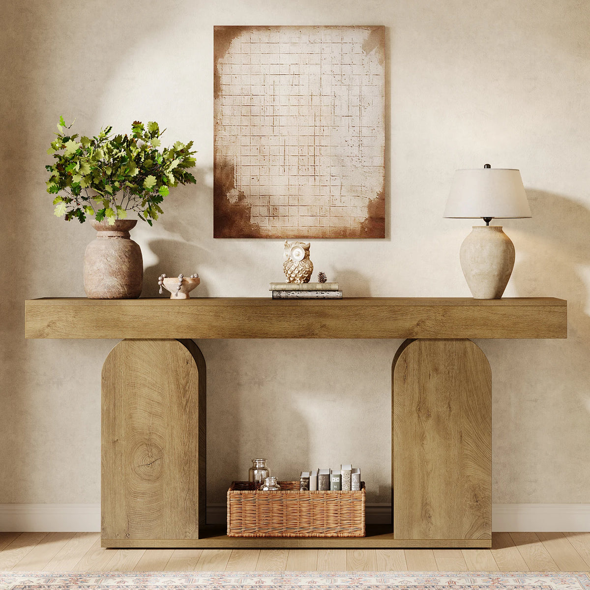 Tribesigns farmhouse console table with U-shaped wood base in an entryway