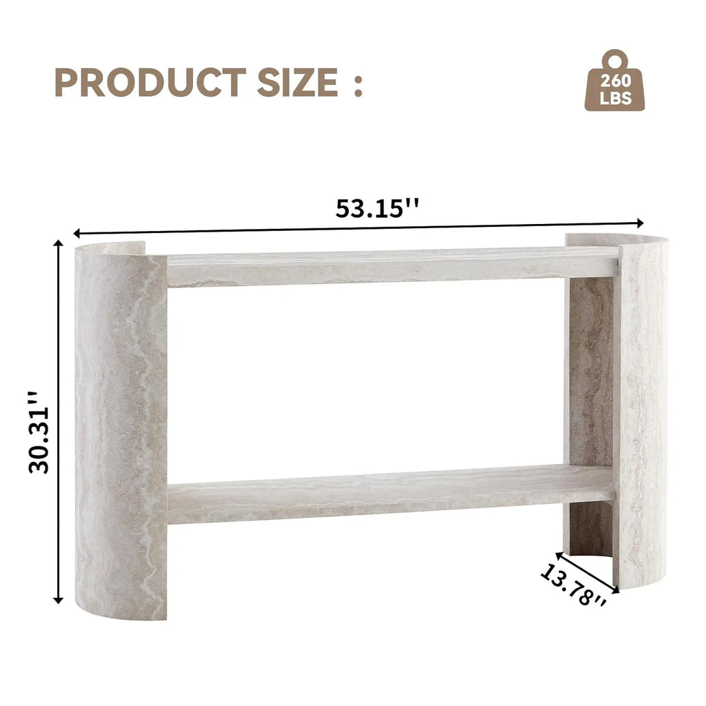 Faux marble console table with wood base and open shelf