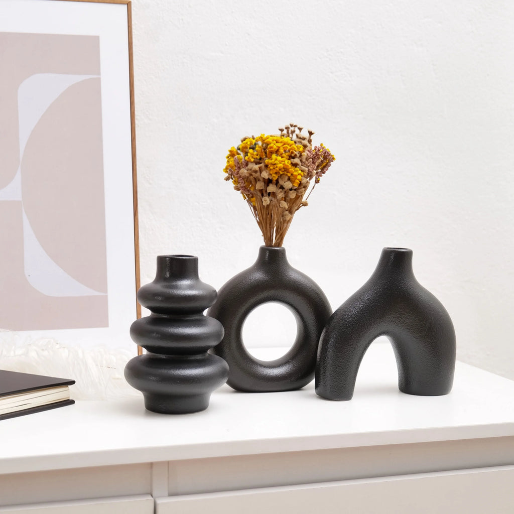 Bohemian Ceramic Vase Set — Black, White & Yellow