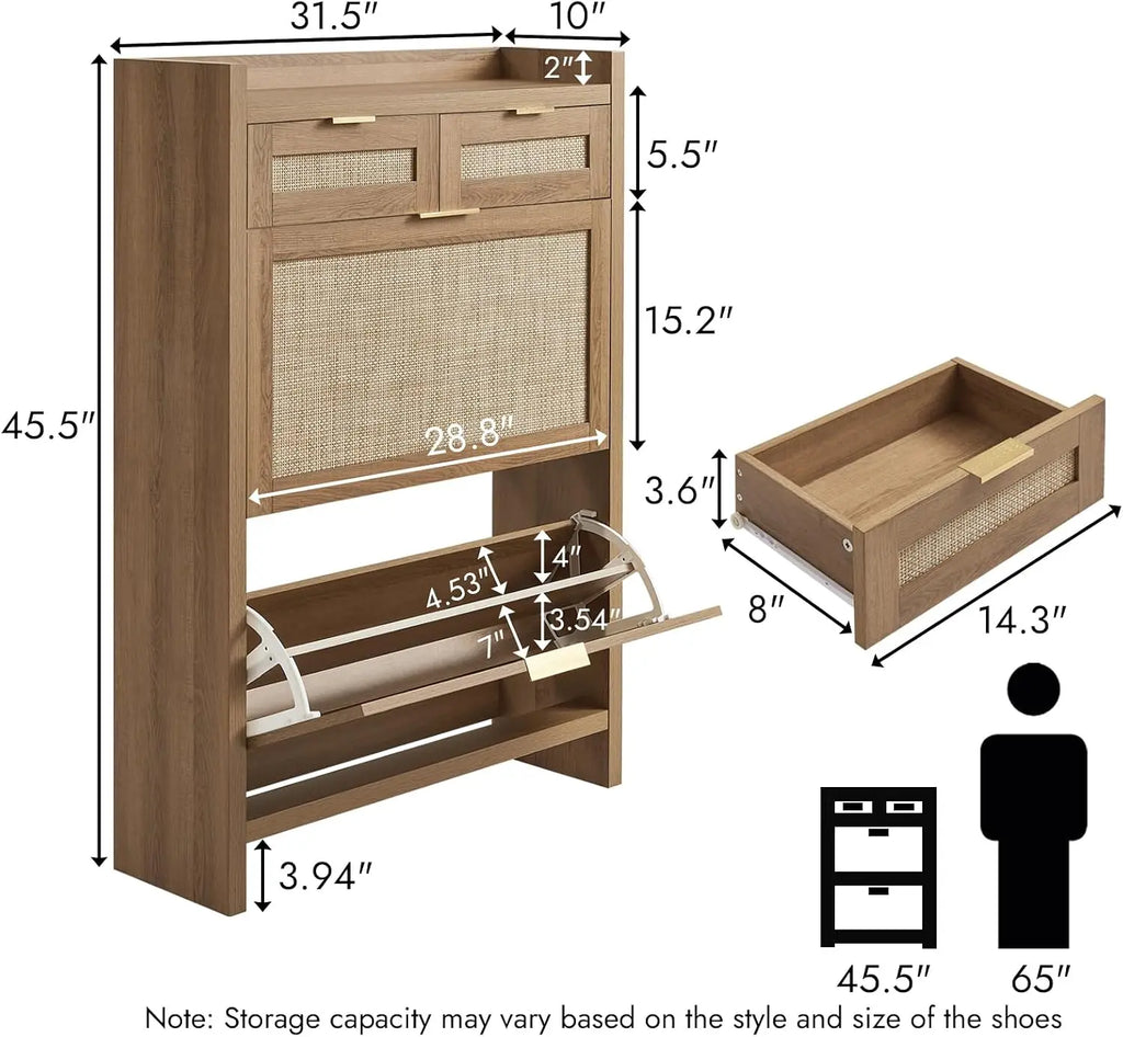 Rattan shoe storage cabinet with flip-front drawers