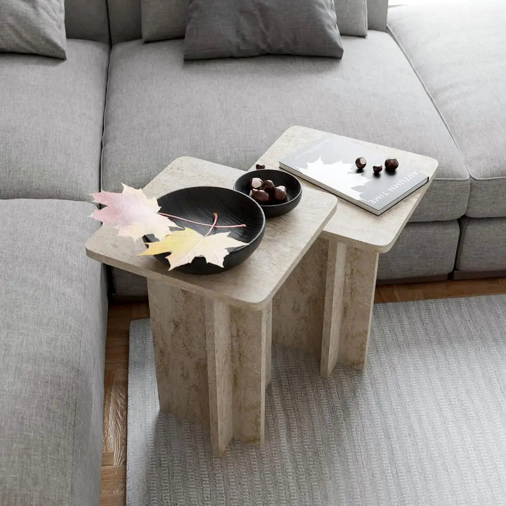 Travertine square nesting table set for living room