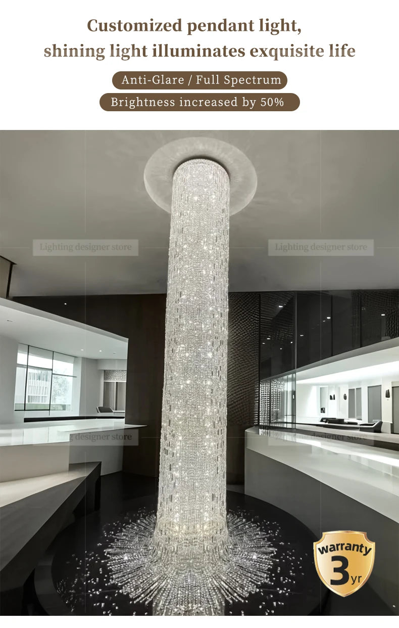 Crystal spiral staircase chandelier with long drop for high ceilings
