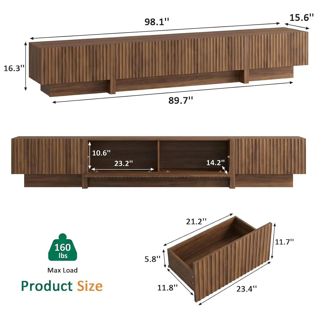 Fluted walnut TV stand, 98 inches, in a living room setting