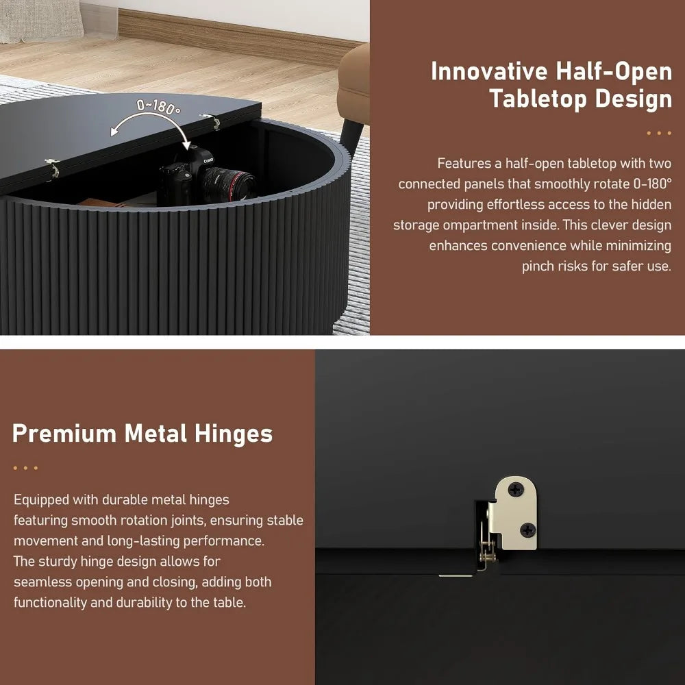 Fluted Lift-Top Coffee Table - Matte Black Storage
