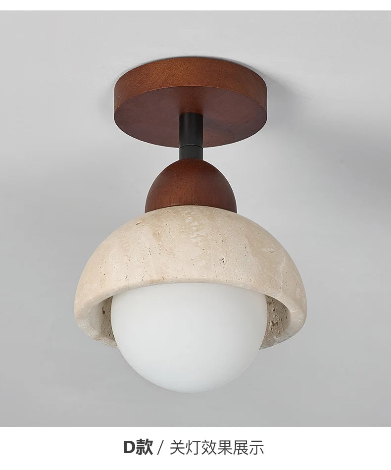 Wabi-Sabi Travertine Ceiling Lamp — Natural Stone & Wood Fixture