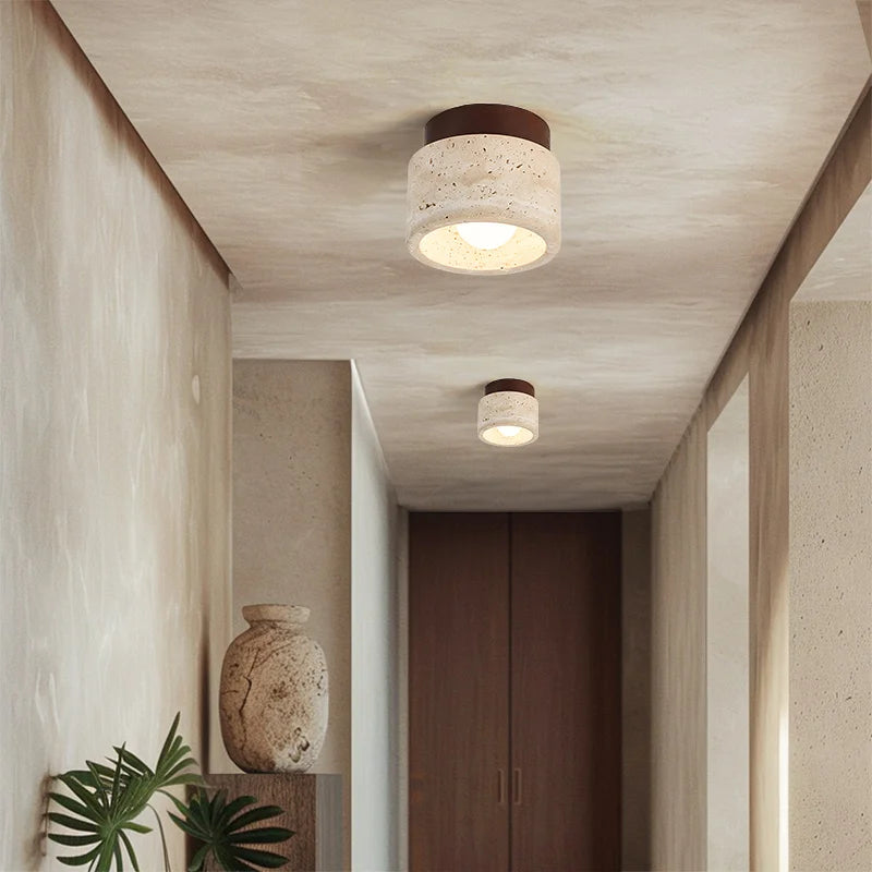Wabi-Sabi Travertine Ceiling Lamp — Natural Stone & Wood Fixture