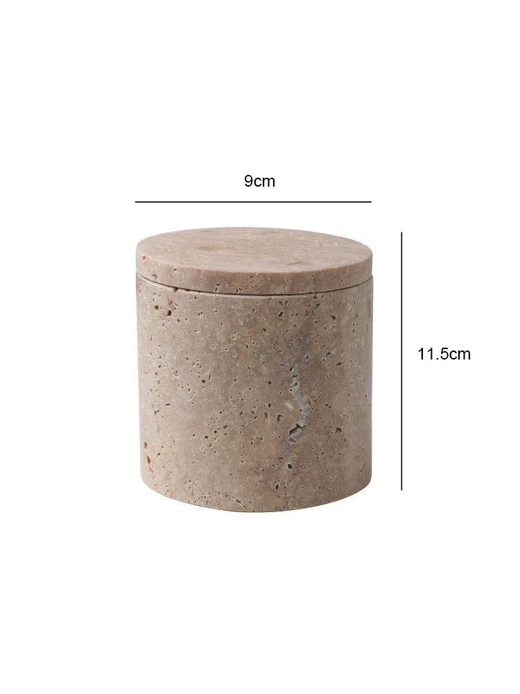 Travertine Cotton Swab Holder — Round Marble Jar, 3.5"