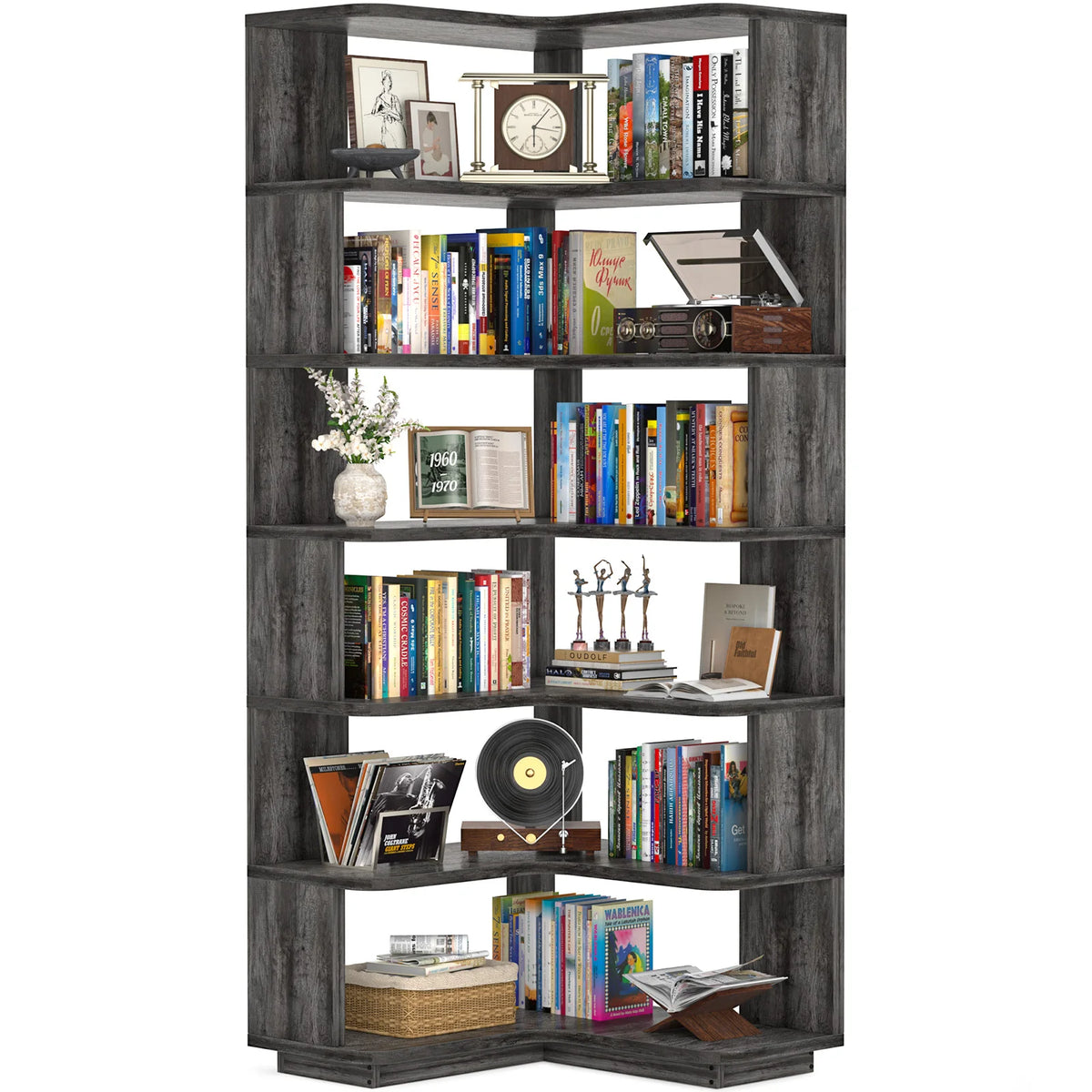 73" L-Shaped Corner Bookshelf — 7-Tier Display Stand