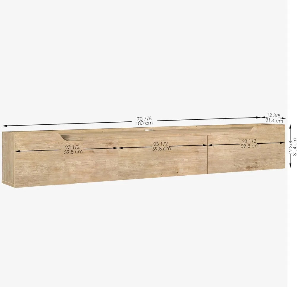 Floating wall-mounted TV stand with cable management in oak and white