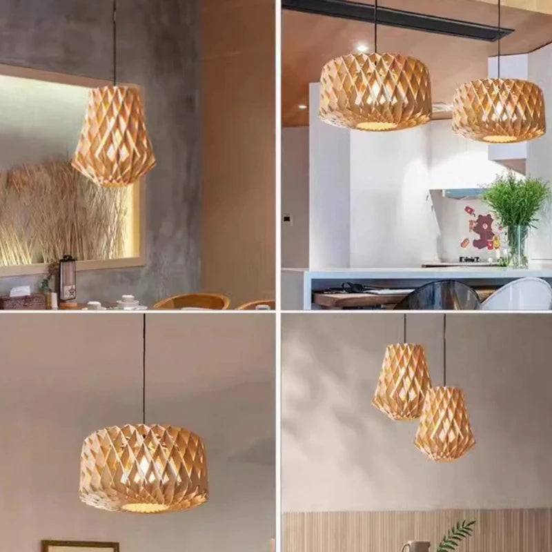Japanese Style Wooden Birdcage Bar Pendant Light Creative Tatami Lamp Design LED Bedroom Lighting with Shadow Art — alternate angle