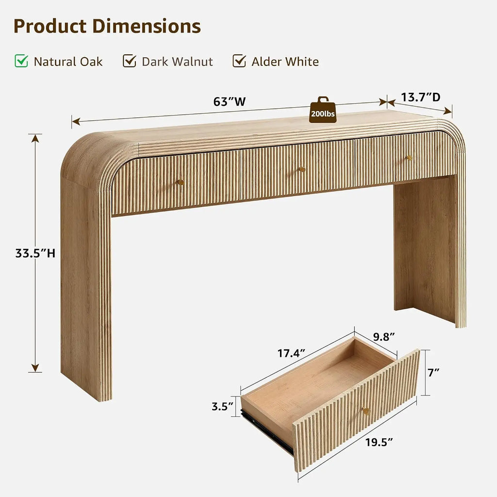 Curved fluted console table with three drawers and waterfall frame