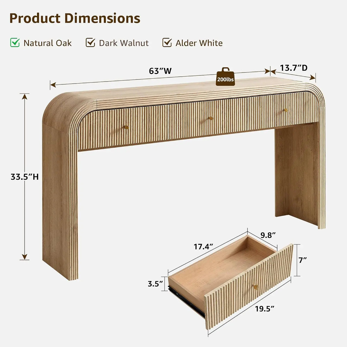 Curved fluted console table with three drawers and waterfall frame