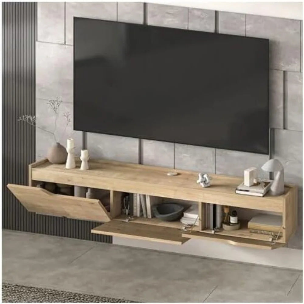 Floating wall-mounted TV stand with cable management in oak and white
