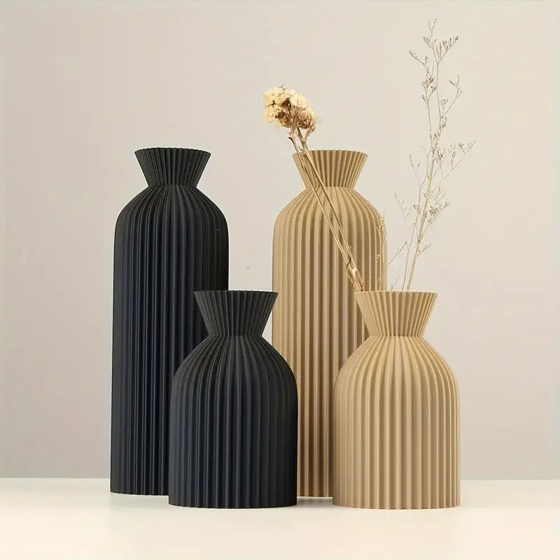 Boho Ridged Plastic Vase — Black & Khaki, Multiple Sizes