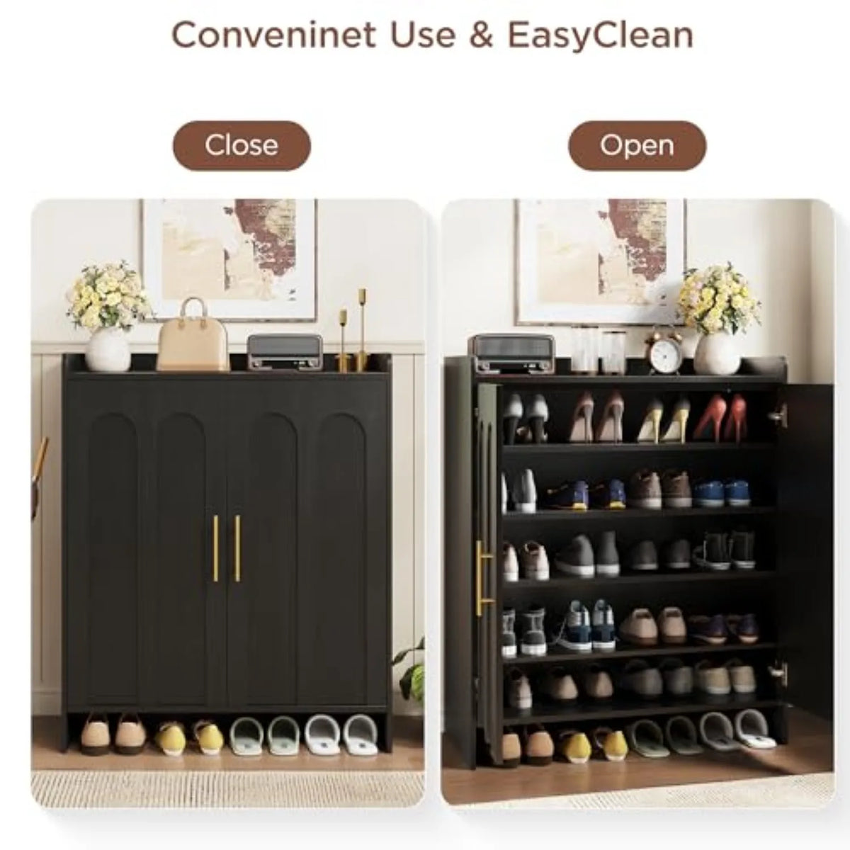 38" Tall Shoe Storage Cabinet with Arched Doors — Gold Handles