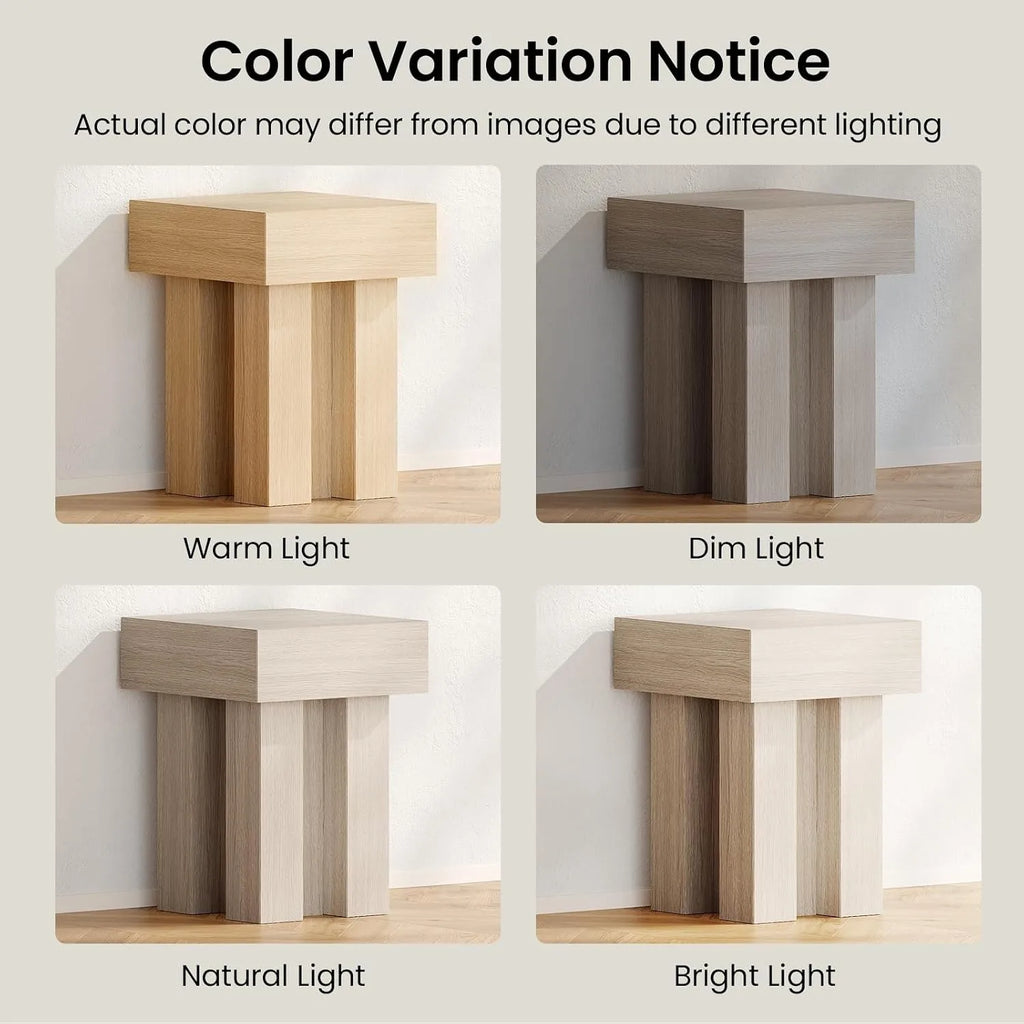 Square pedestal wood end table in modern oak design