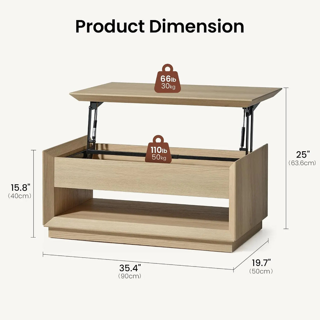 Lift-top storage coffee table with natural wood finish in a living room setting