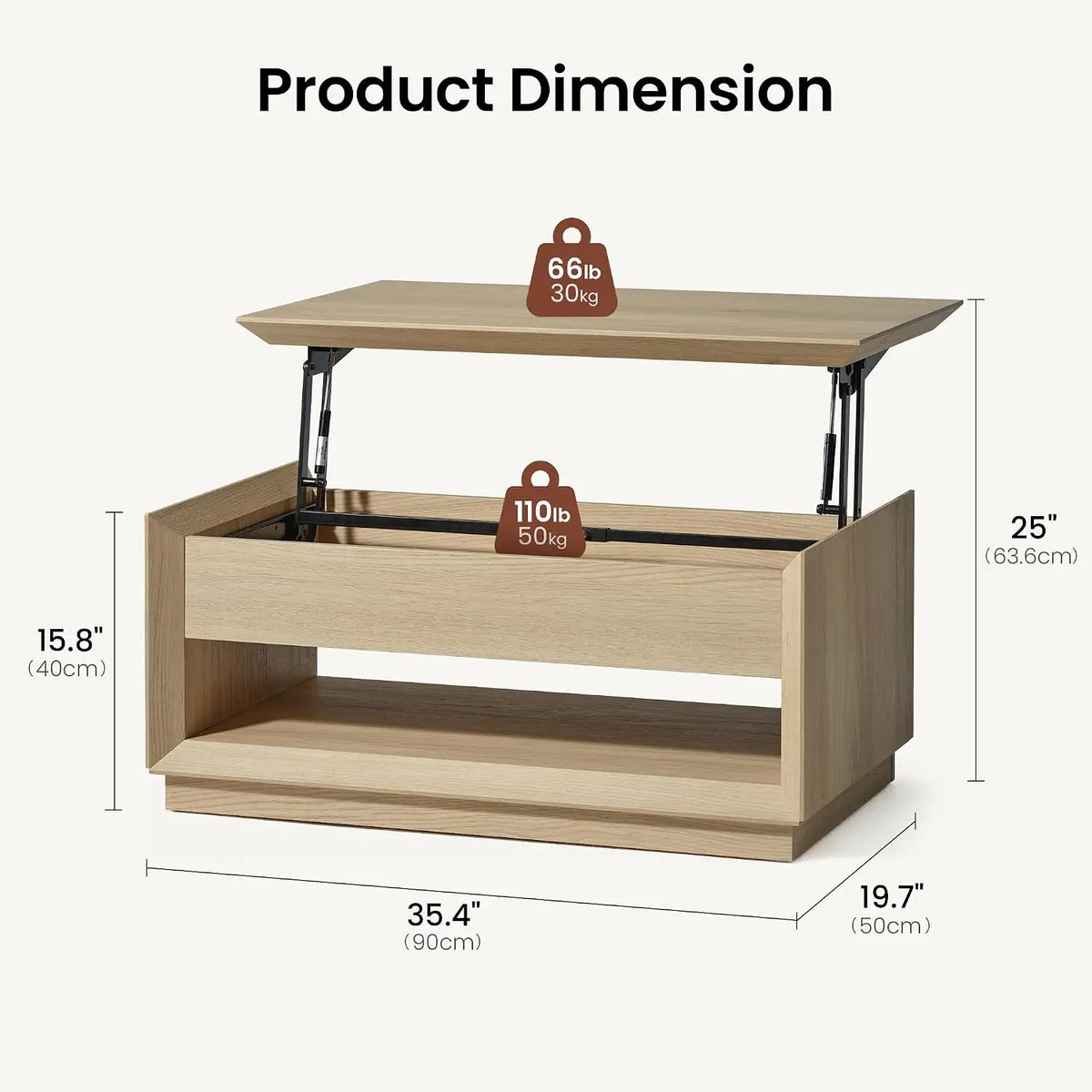 Lift-top storage coffee table with natural wood finish in a living room setting