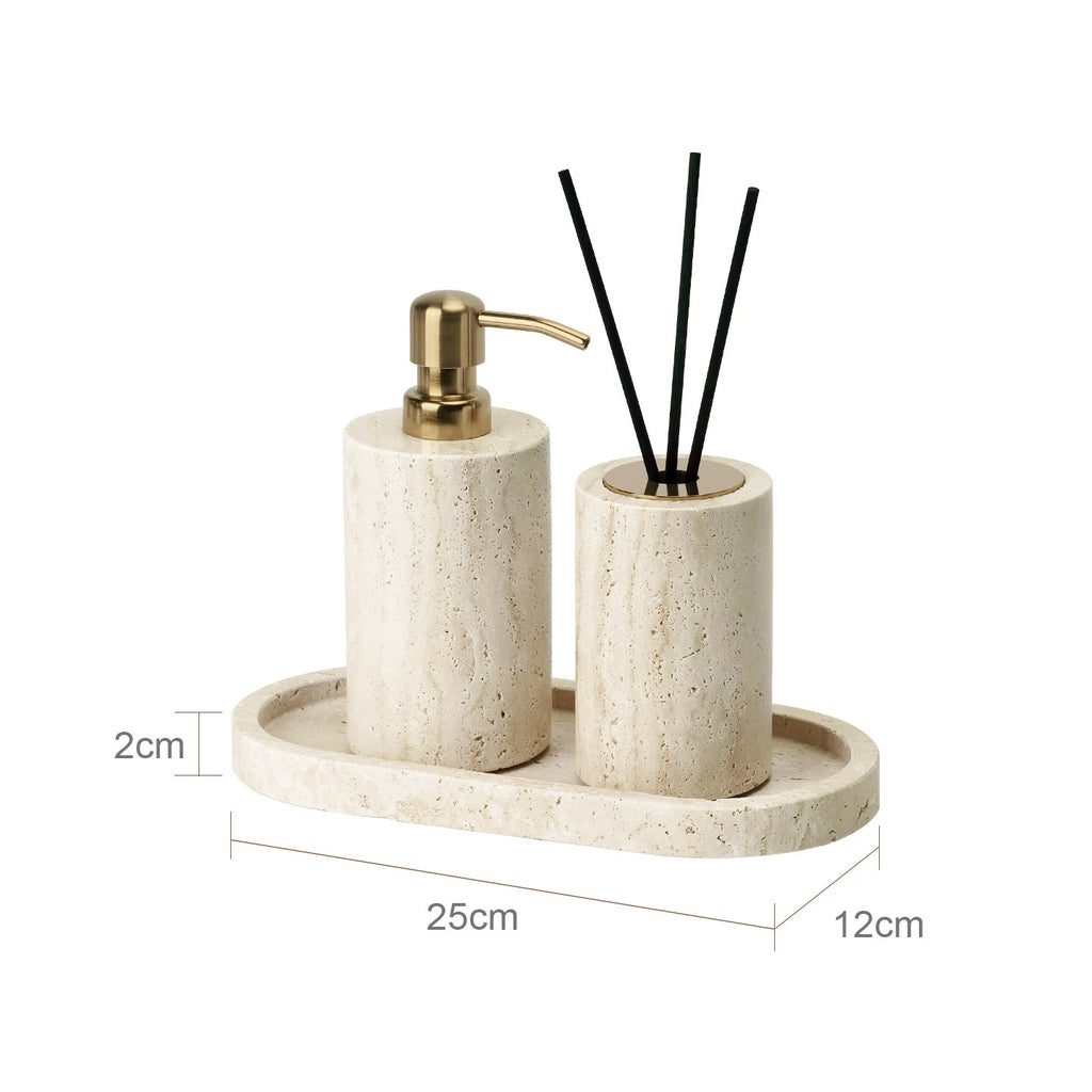 Travertine Bathroom Accessory Set — Soap, Tray & Tissue Box