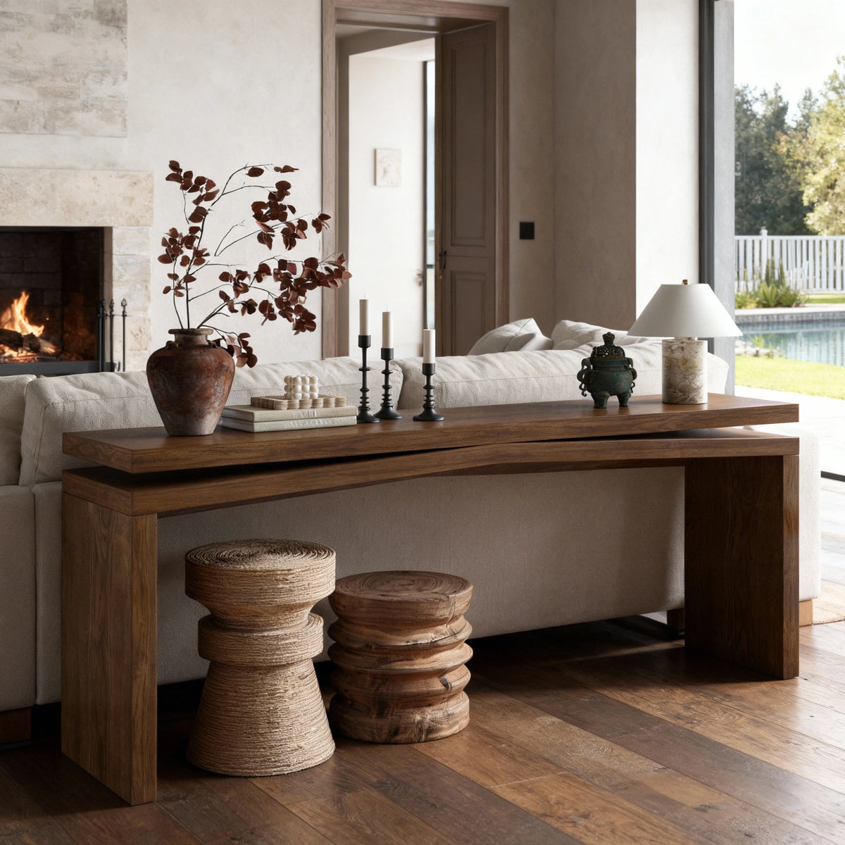 Rustic wood veneer console table in antique rustic brown finish