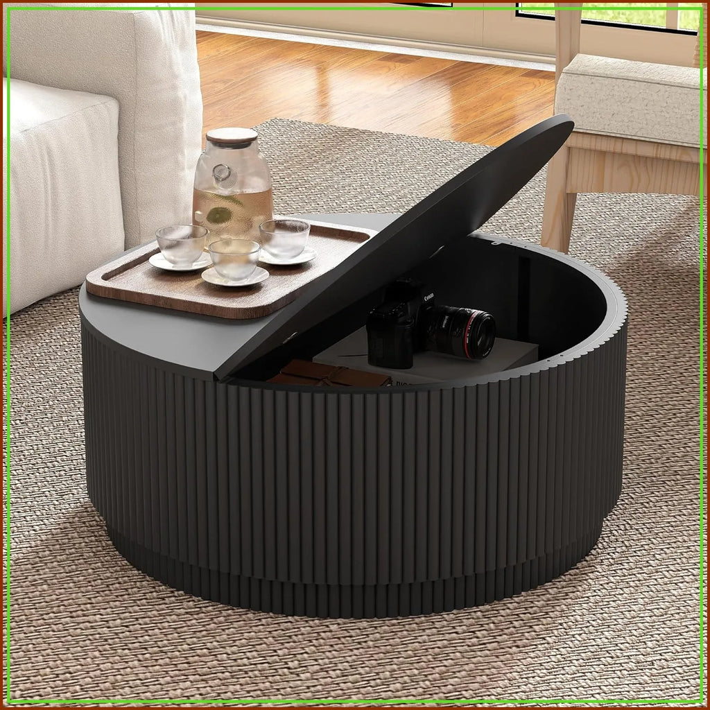 Fluted Lift-Top Coffee Table - Matte Black Storage