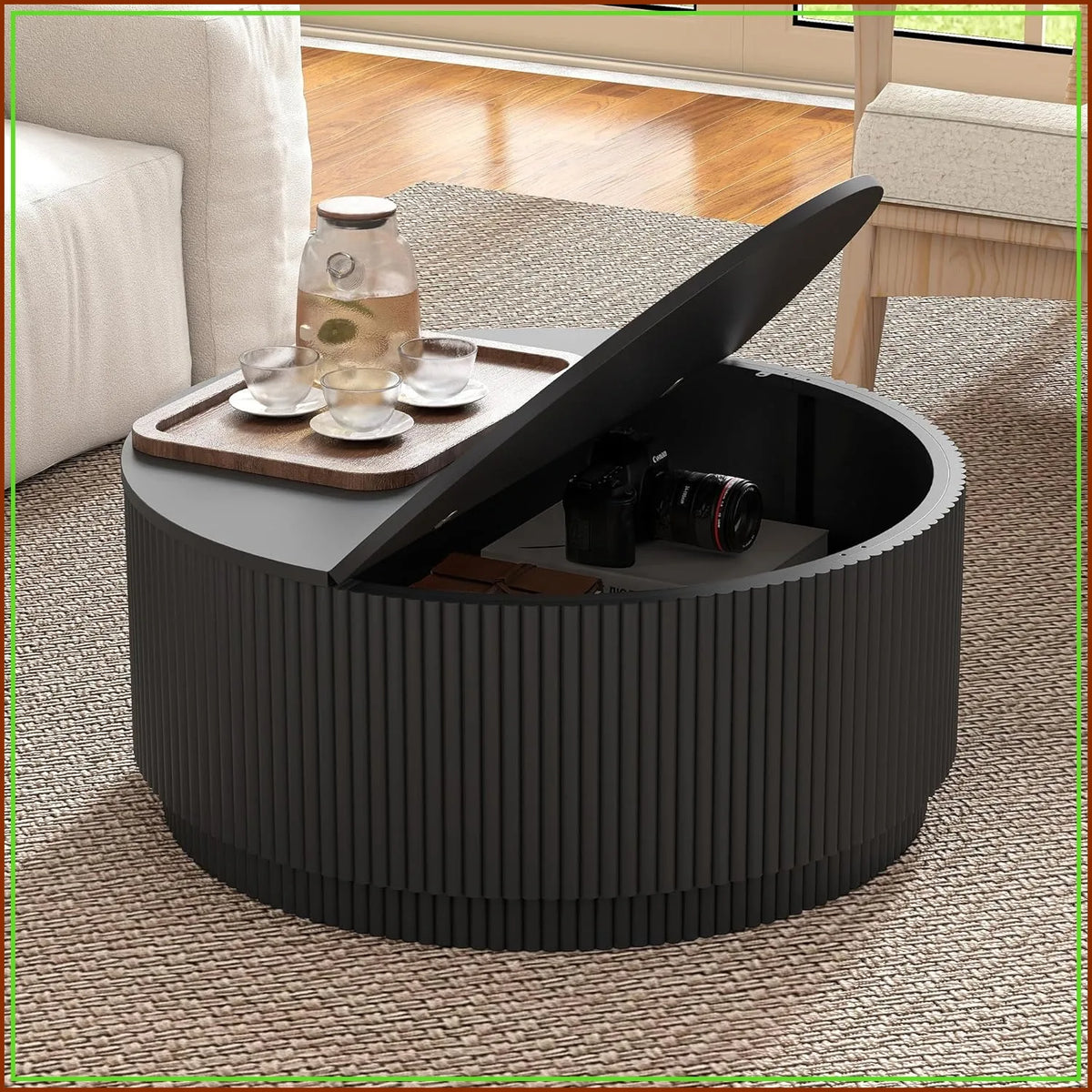 Fluted Lift-Top Coffee Table - Matte Black Storage