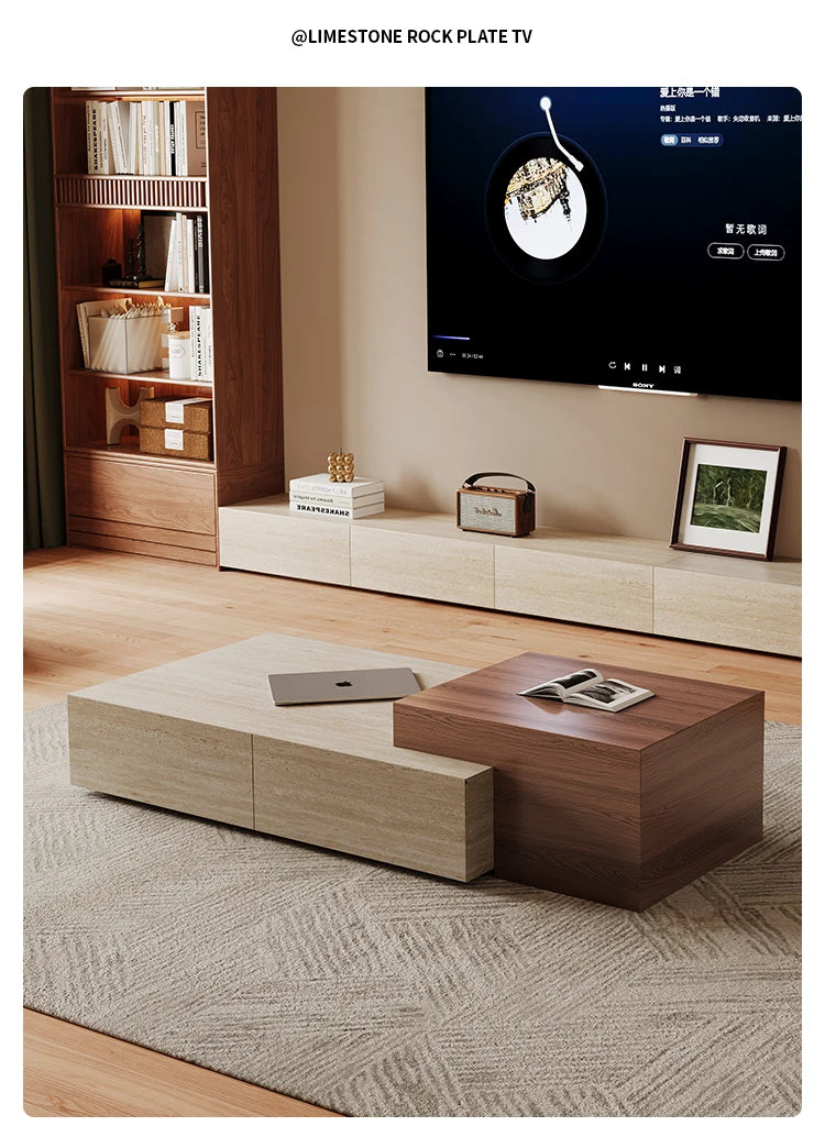 Sculptural Wabi-Sabi Coffee Table - Travertine & Walnut