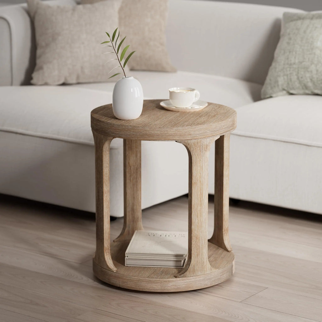 Farmhouse round pedestal end table in coastal wood grey finish