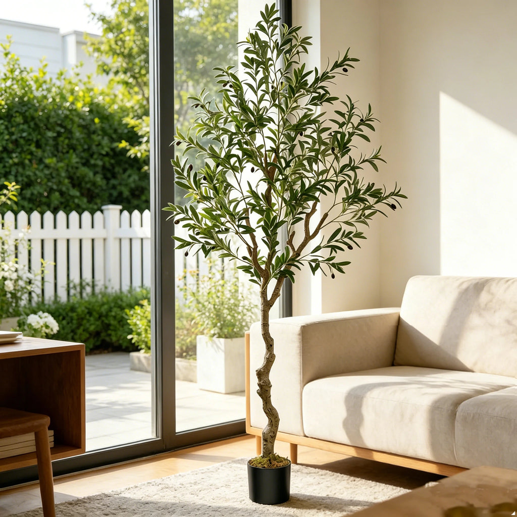 5/6/7/8 Olive Trees Artificial Indoor Faux Olive Tree with Black Pot Silk Fake Plant with Natural Wood Trunk and Lifelike Fruits for Home Office Decor — feature detail