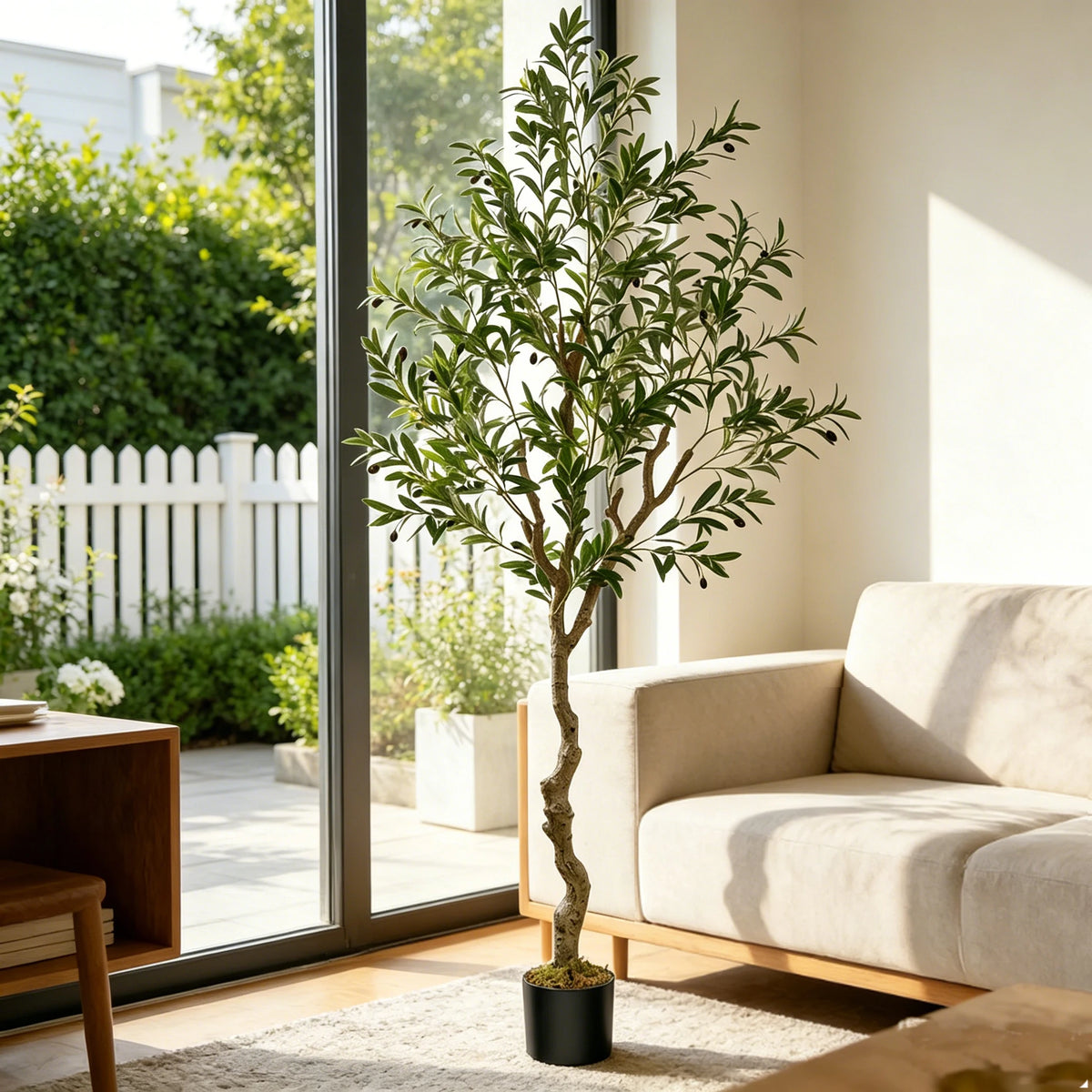 5/6/7/8 Olive Trees Artificial Indoor Faux Olive Tree with Black Pot Silk Fake Plant with Natural Wood Trunk and Lifelike Fruits for Home Office Decor — feature detail
