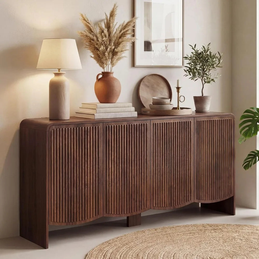 Fluted Sideboard Buffet Cabinet — 58" Curved Storage Cabinet