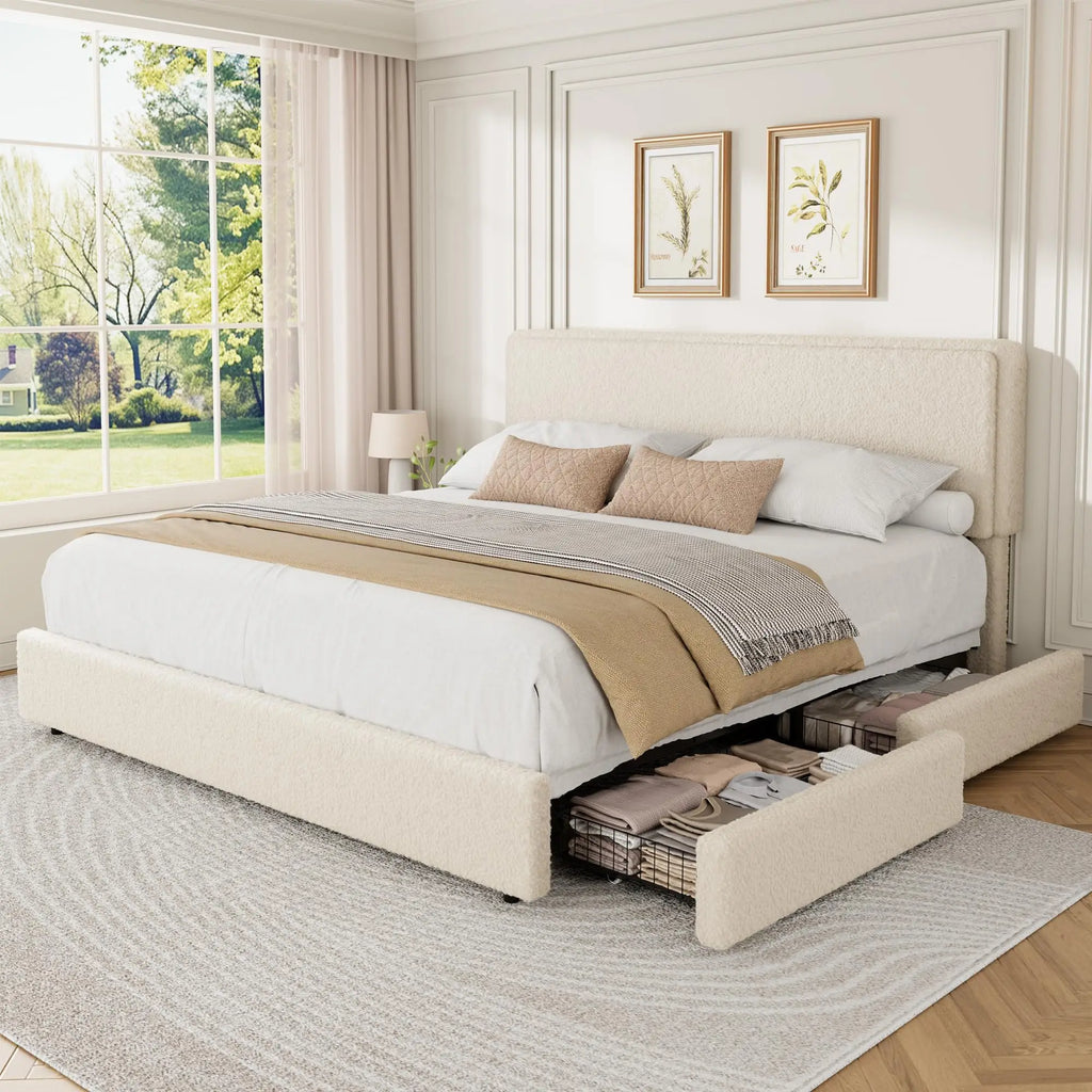 Boucle Upholstered Platform Bed — King with Storage Drawers