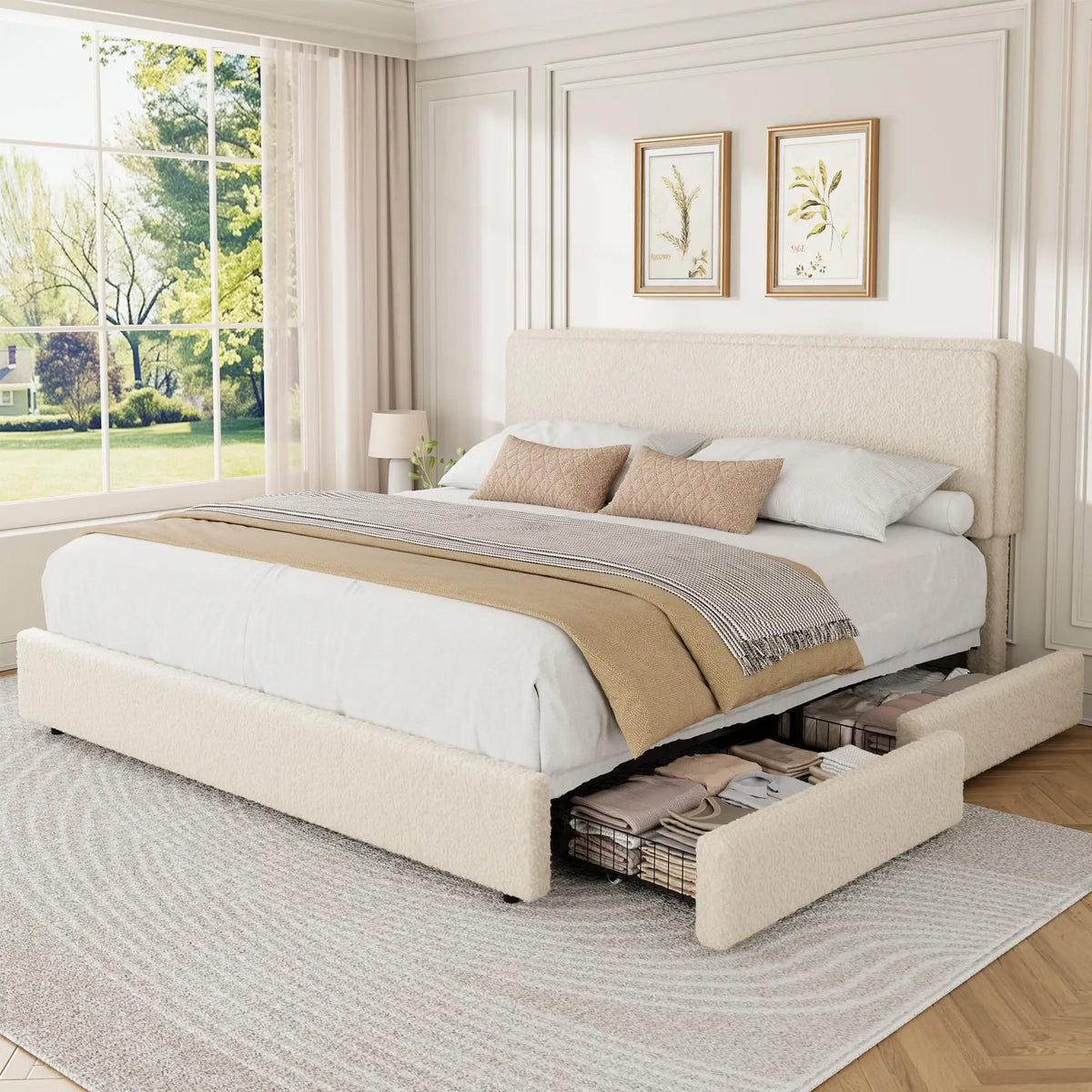 Boucle Upholstered Platform Bed — King with Storage Drawers