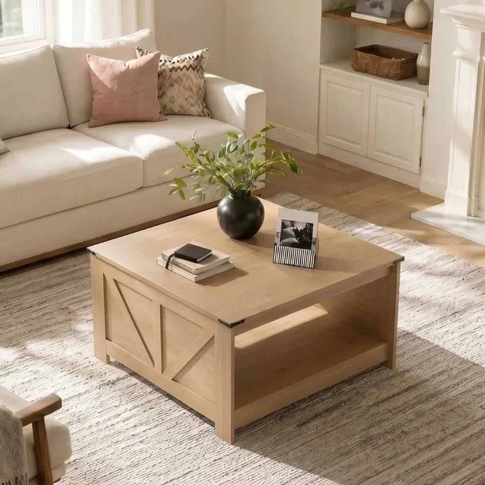 Farmhouse square coffee table in natural oak finish