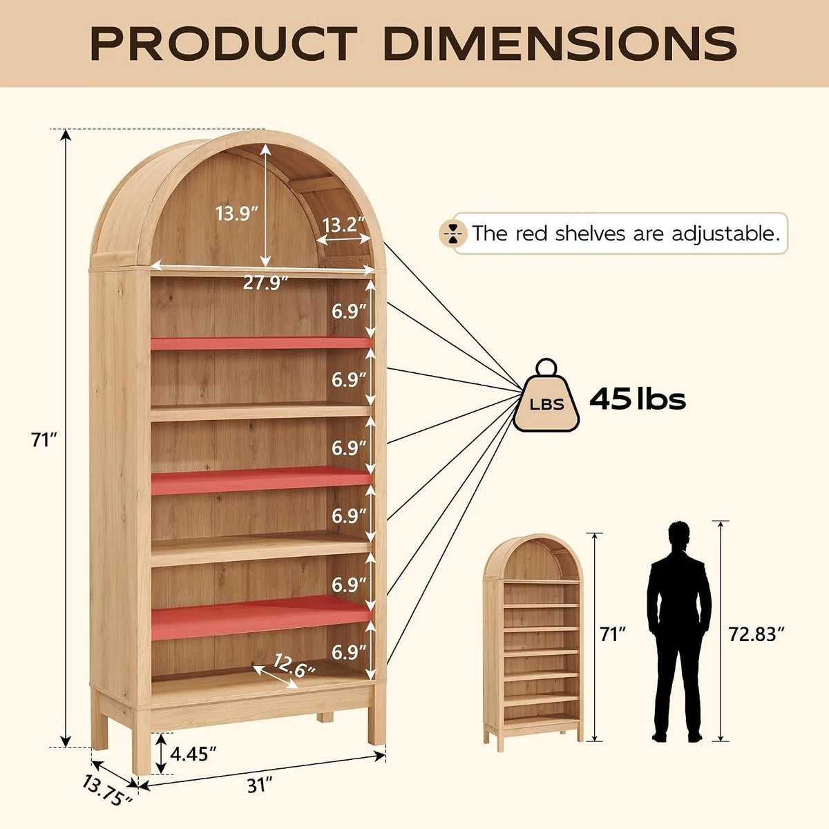 71" Tall Arched Bookshelf — 7-Tier Bookcase