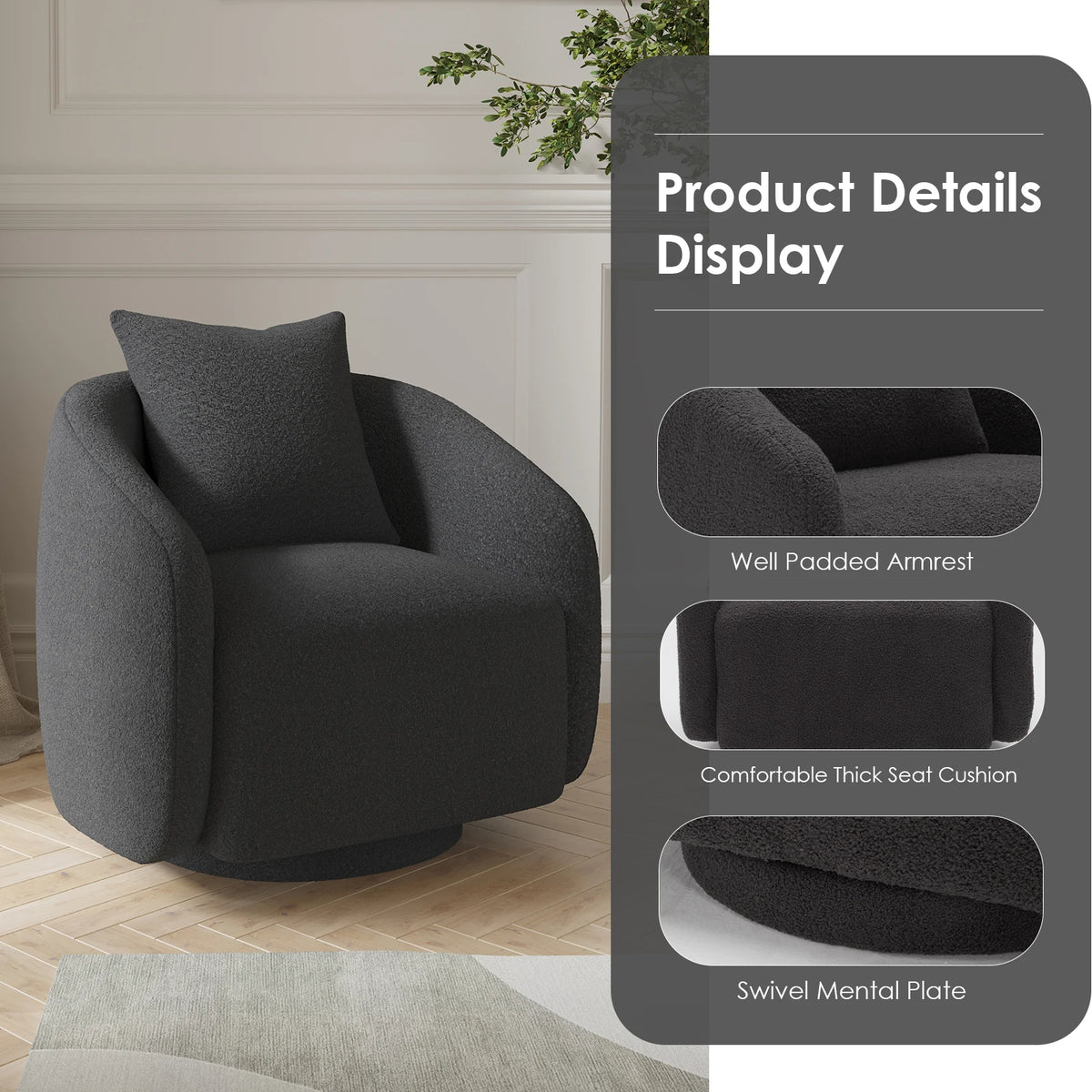 Swivel Barrel Chair with Back Pillow — Teddy Fabric Accent Chair
