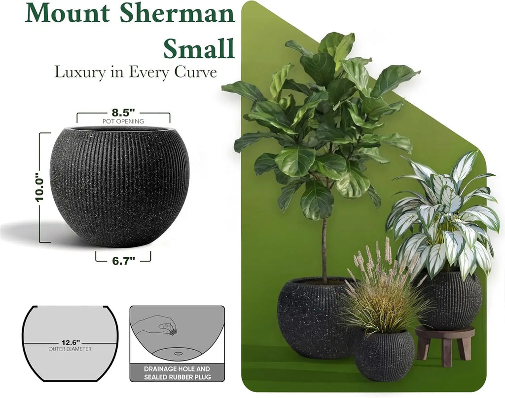Fiberstone Sphere Planter — 12.6in D x 10in H, Ribbed Black