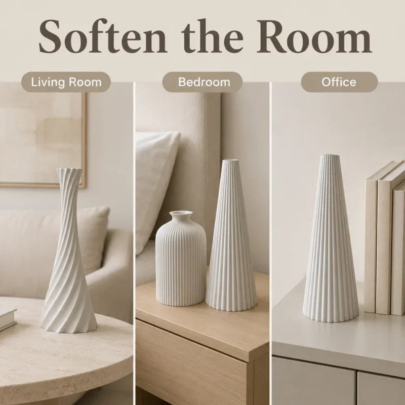 Ribbed Wabi-Sabi 3-Piece Vase Set — Matte Off-White