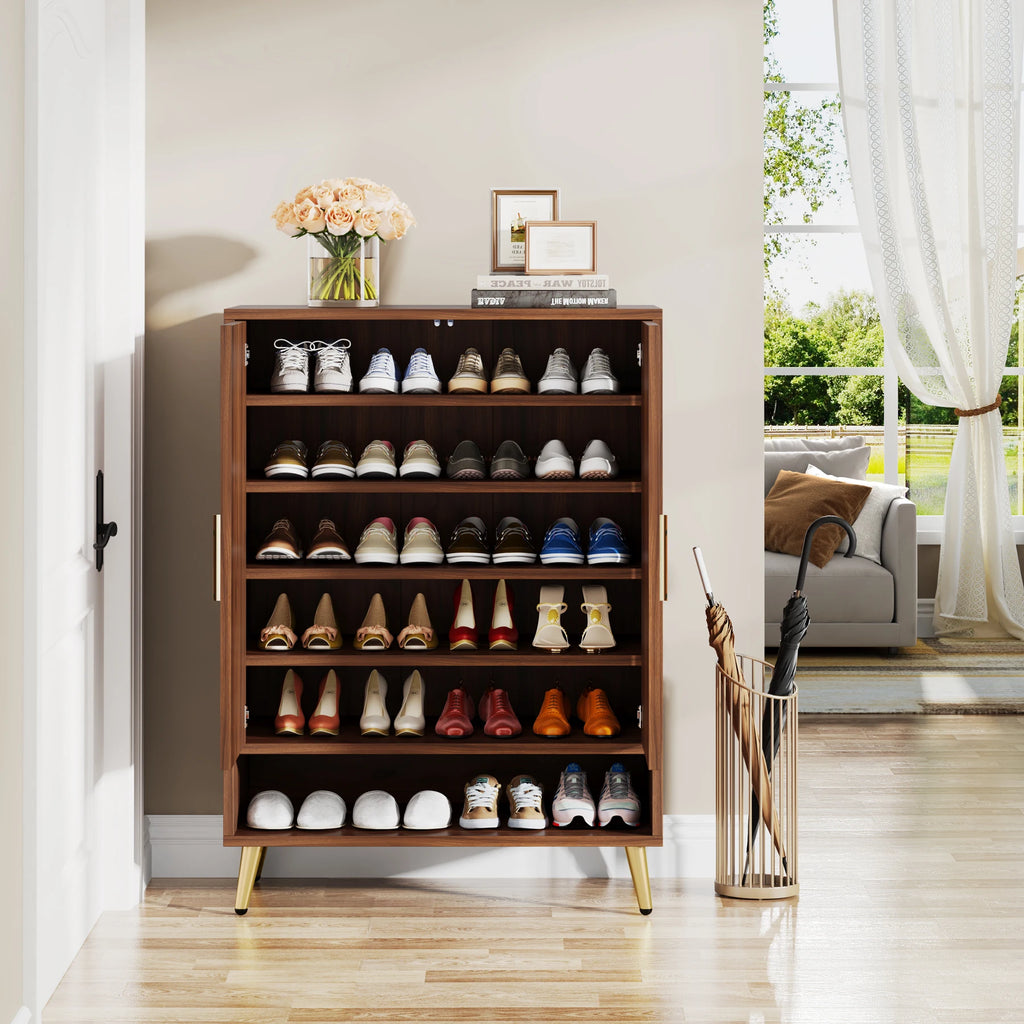 Tribesigns Walnut 6-Tier Shoe Cabinet with Doors