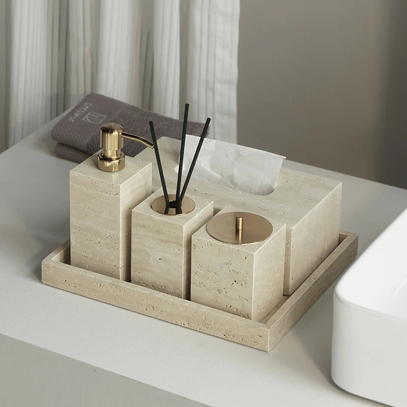 Travertine Bathroom Accessory Set — Soap, Tray & Tissue Box