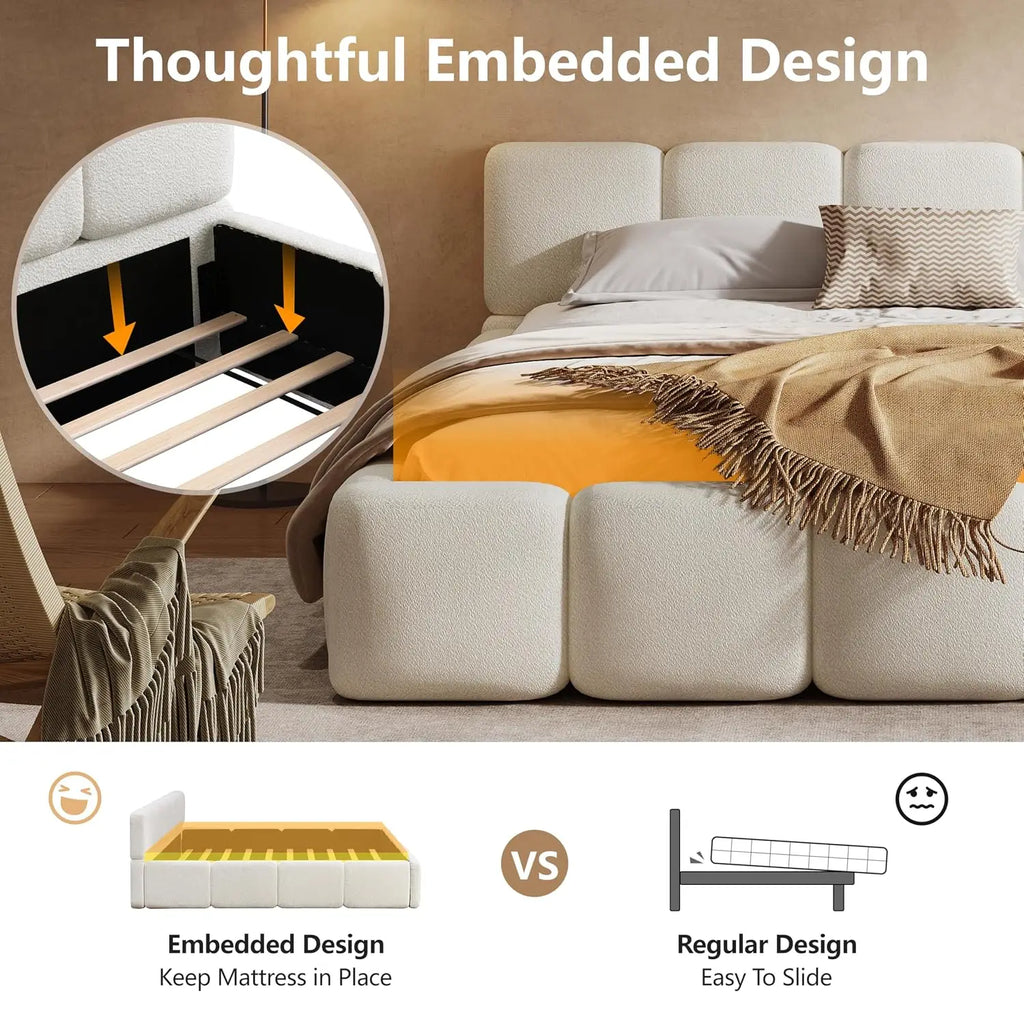 Boucle Upholstered Platform Bed — California King with Headboard