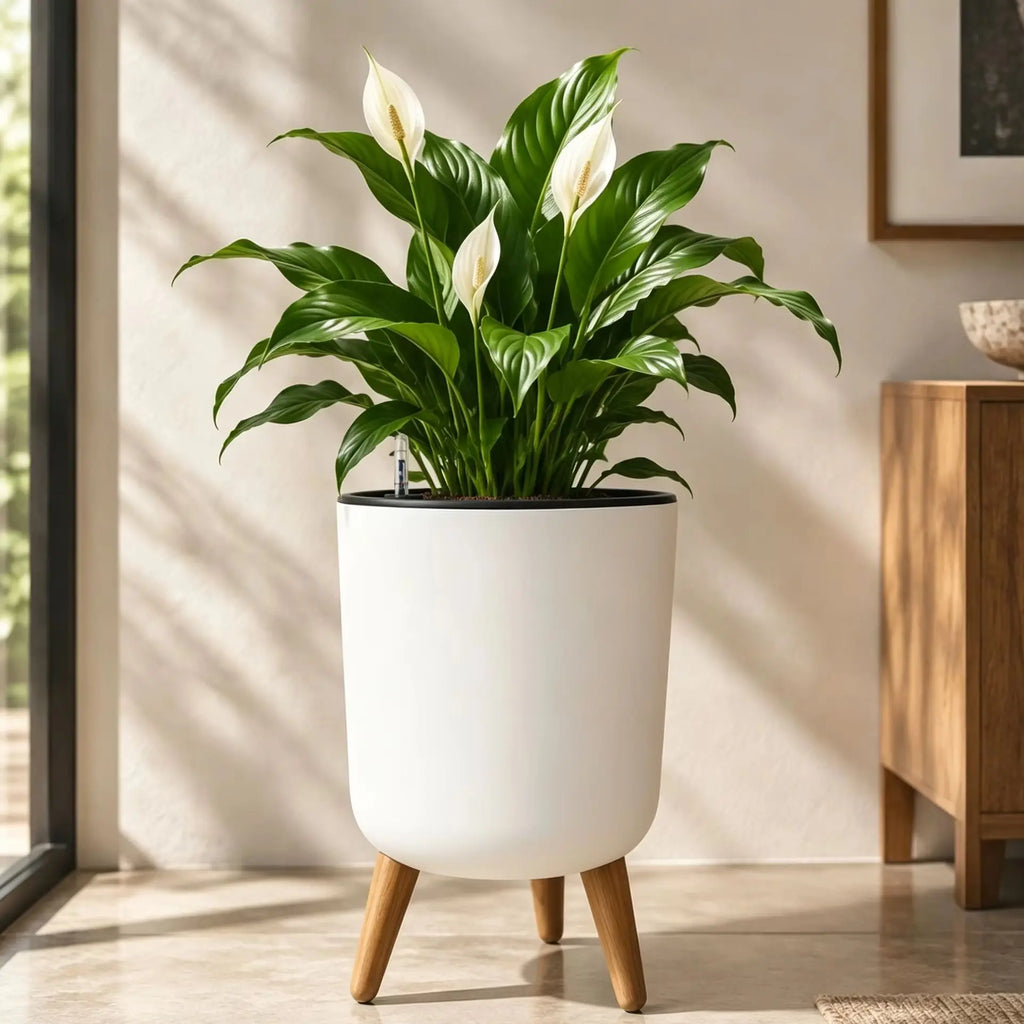 Self-Watering Floor Planter with Stand — White, Water Level Gauge